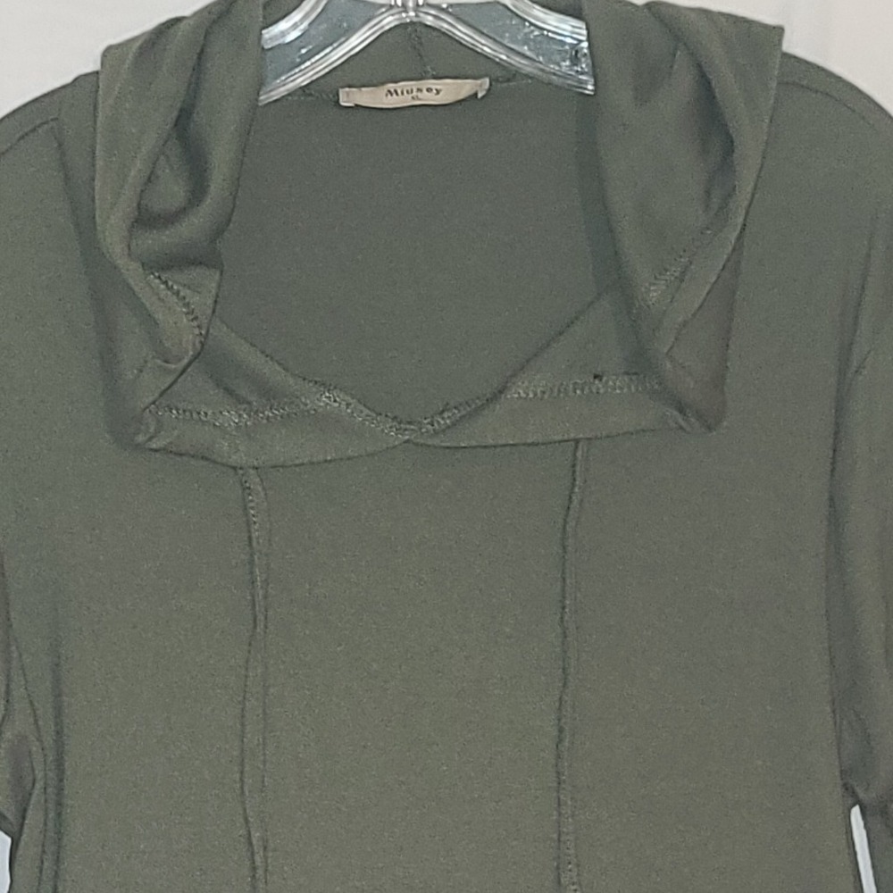 Miusey Olive Green Long Sleeve‎ Hoodie Tunic Asymmetrical Hem Button Detail